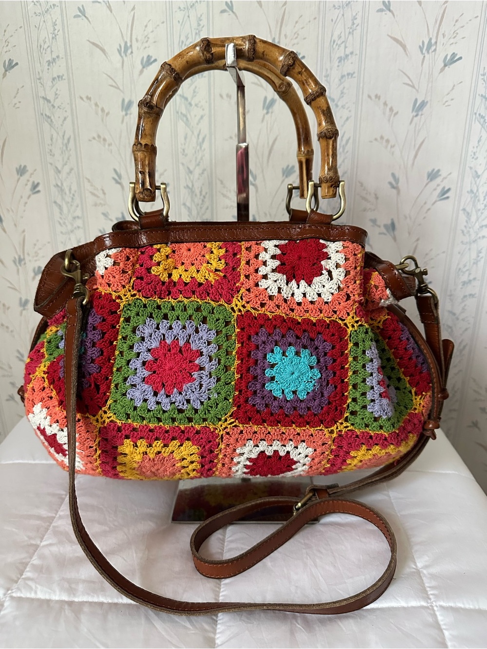 Patricia Nash Crochet Granny Square Bag with Bamboo Handles